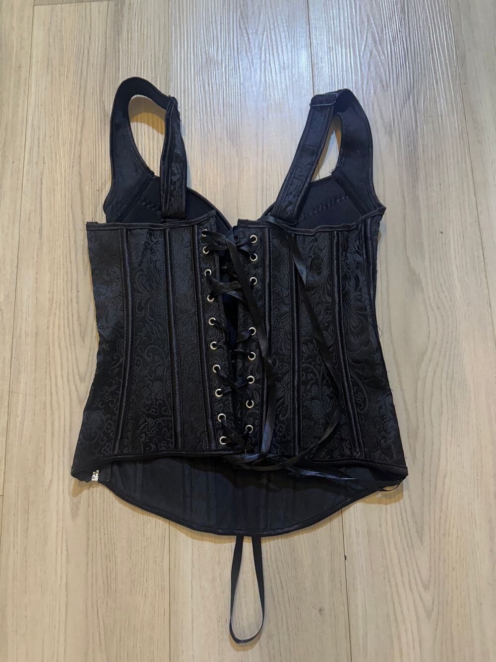 Black Brocade Corset Top Overbust Bustier Vest Wide Straps Lace Up Gothic Punk S